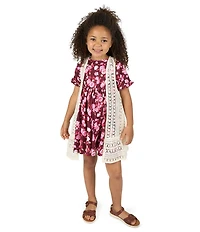 Rare Editions Little Girls Sleeveless Crocheted Cardigan & Short-Sleeve Floral-Printed Fit-And-Flare Dress Set
