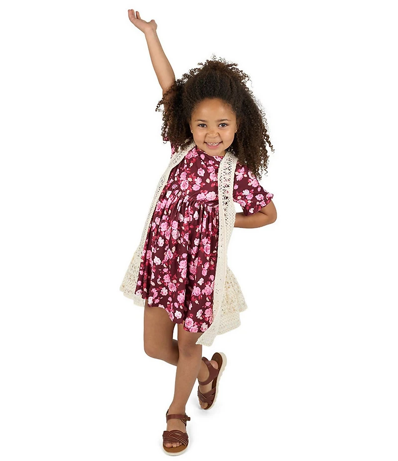 Rare Editions Little Girls Sleeveless Crocheted Cardigan & Short-Sleeve Floral-Printed Fit-And-Flare Dress Set