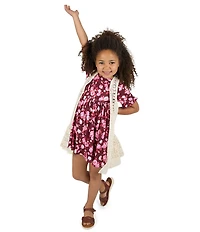 Rare Editions Little Girls Sleeveless Crocheted Cardigan & Short-Sleeve Floral-Printed Fit-And-Flare Dress Set