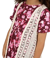 Rare Editions Little Girls Sleeveless Crocheted Cardigan & Short-Sleeve Floral-Printed Fit-And-Flare Dress Set
