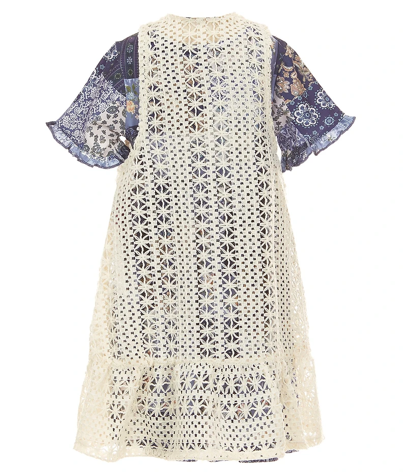 Rare Editions Little Girls Sleeveless Crocheted Vest & Short-Sleeve Printed A-Line Dress Set