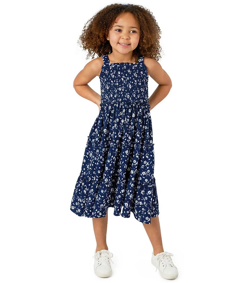 Rare Editions Little Girls Sleeveless Ditsy-Floral-Printed Textured-Knit Long Dress
