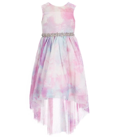 Rare Editions Little Girls Sleeveless Illusion Yoke Jeweled Waistline Tie-Dye Mesh High-Low Dress
