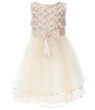 Rare Editions Little Girls Sleeveless Satin Ribbon Basket Weave Bow Detail Tiered Mesh Dress