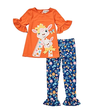 Rare Editions Little Girls 3/4-Sleeve Giraffe-Face-Applique T-Shirt & Printed Leggings Set