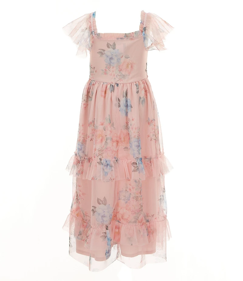 Rare Editions Little Girls Flutter-Sleeve Floral-Printed Mesh Long Dress