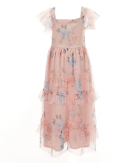 Rare Editions Little Girls Flutter-Sleeve Floral-Printed Mesh Long Dress