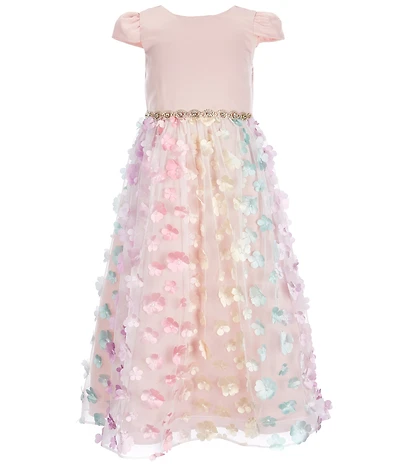Rare Editions Little Girls Satin Cap Sleeve Multi-Color 3D Flower Appliqued Mesh Skirt Dress