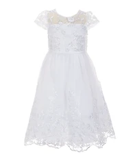 Chantilly Place Little Girls Short Sleeve Sequin-Embellished Embroidered Fit & Flare Dress