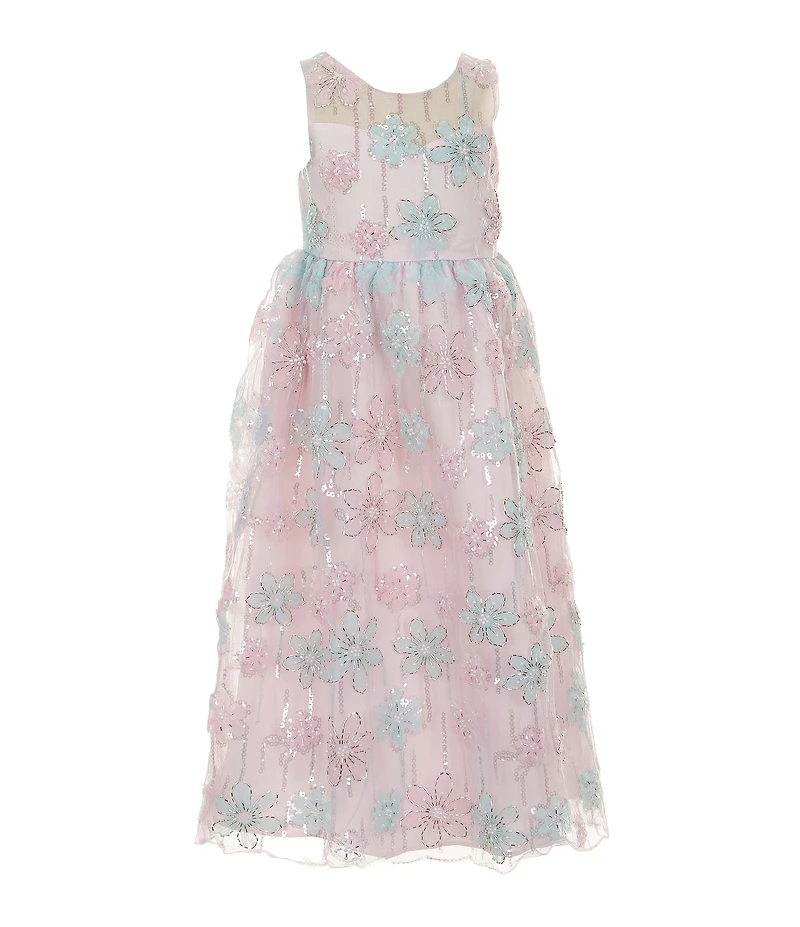 Rare Editions Little Girls Sleeveless Beaded Sequin Floral Mesh Long Dress