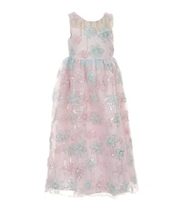 Rare Editions Little Girls Sleeveless Beaded Sequin Floral Mesh Long Dress