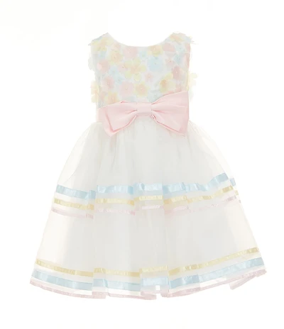 Rare Editions Little Girls Sleeveless Floral-Applique-Bodice/Satin-Ribbon-Accented Organza Skirted Fit-And-Flare Dress