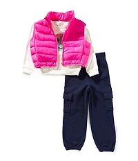 Rare Editions Little Girls Sleeveless Puffer Vest & Long Sleeve Smiley Face Sweater & Solid French Terry Jogger Pant Set