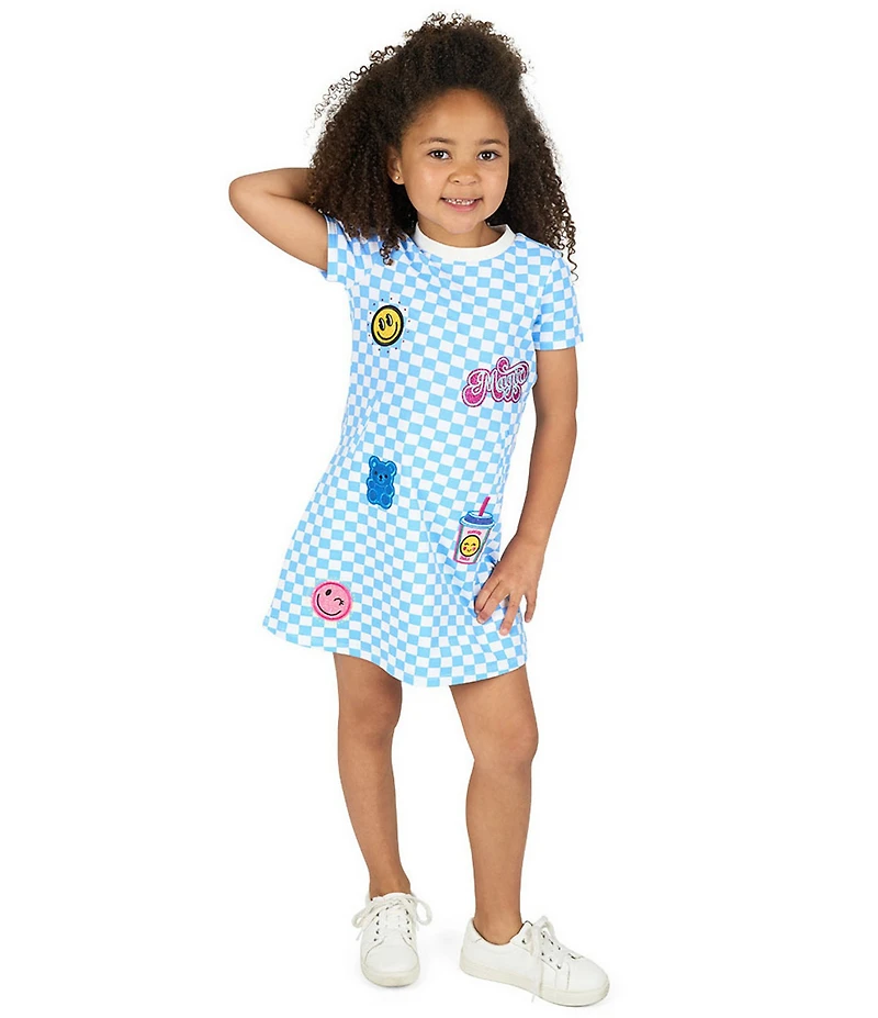 Rare Editions Little Girls Blue French Terry Checkered Patches Skater Dress