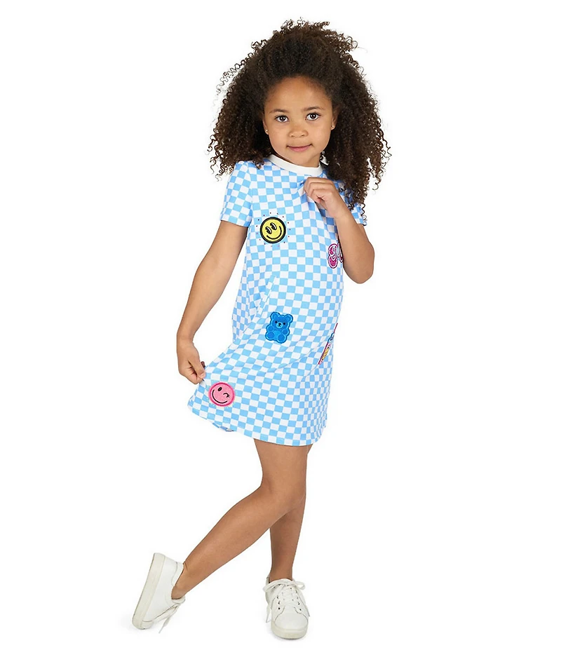 Rare Editions Little Girls Blue French Terry Checkered Patches Skater Dress