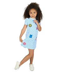 Rare Editions Little Girls Blue French Terry Checkered Patches Skater Dress