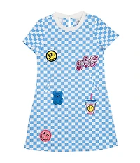 Rare Editions Little Girls Blue French Terry Checkered Patches Skater Dress