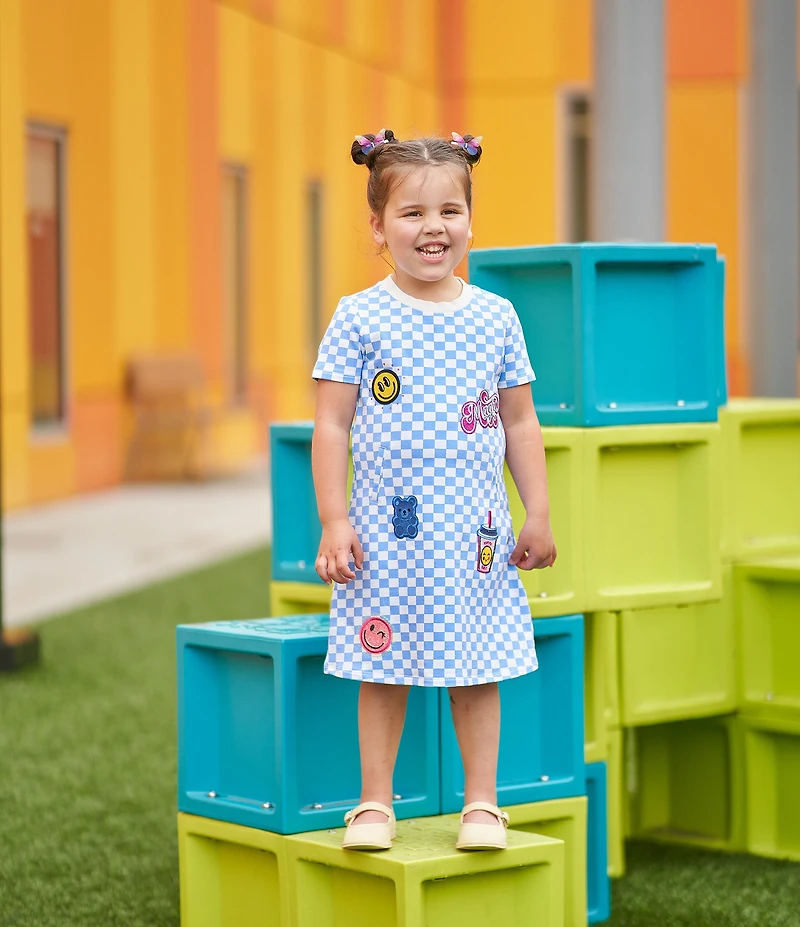 Rare Editions Little Girls Blue French Terry Checkered Patches Skater Dress