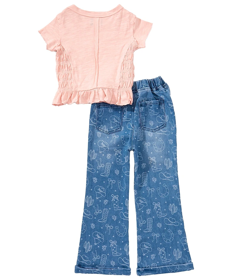 Rare Editions Little Girls Cap-Sleeve Smocked Top & Western-Inspired Denim Jeans Set