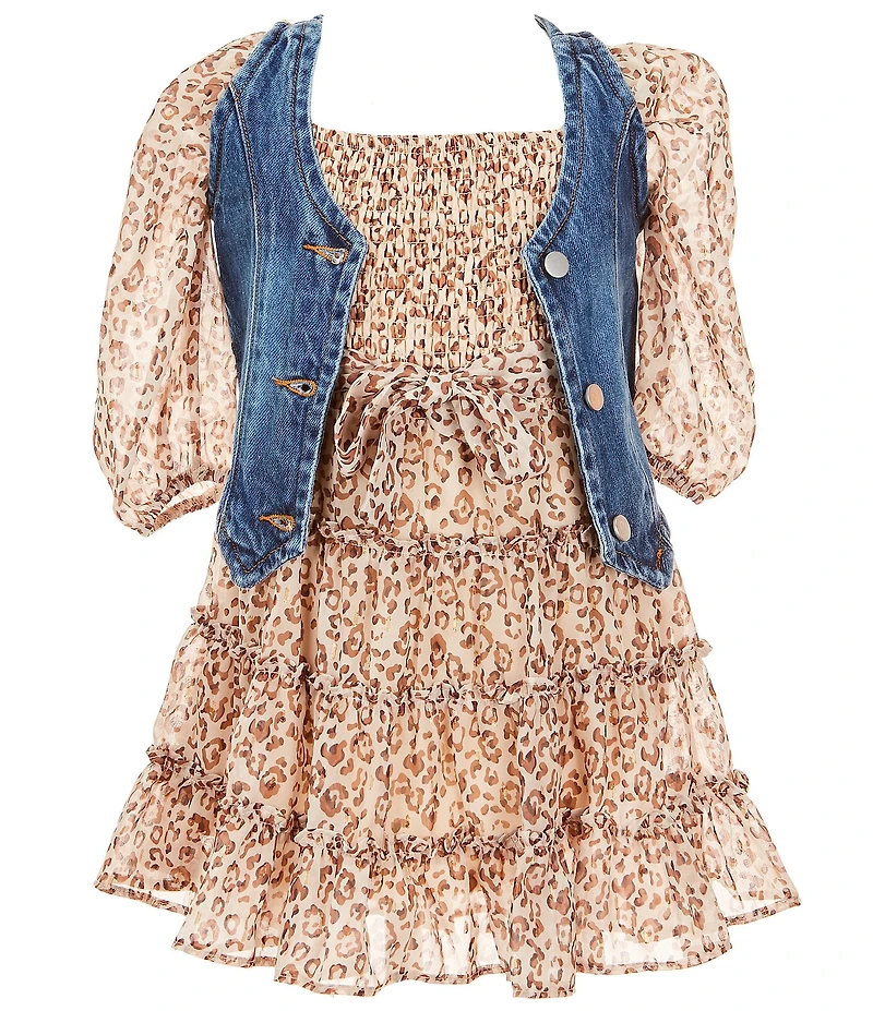 Rare Editions Little Girls Denim Vest & Animal-Printed Long Sleeve Lurex Chiffon Dress