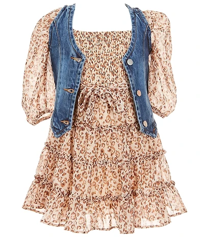 Rare Editions Little Girls Denim Vest & Animal-Printed Long Sleeve Lurex Chiffon Dress