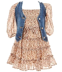 Rare Editions Little Girls Denim Vest & Animal-Printed Long Sleeve Lurex Chiffon Dress