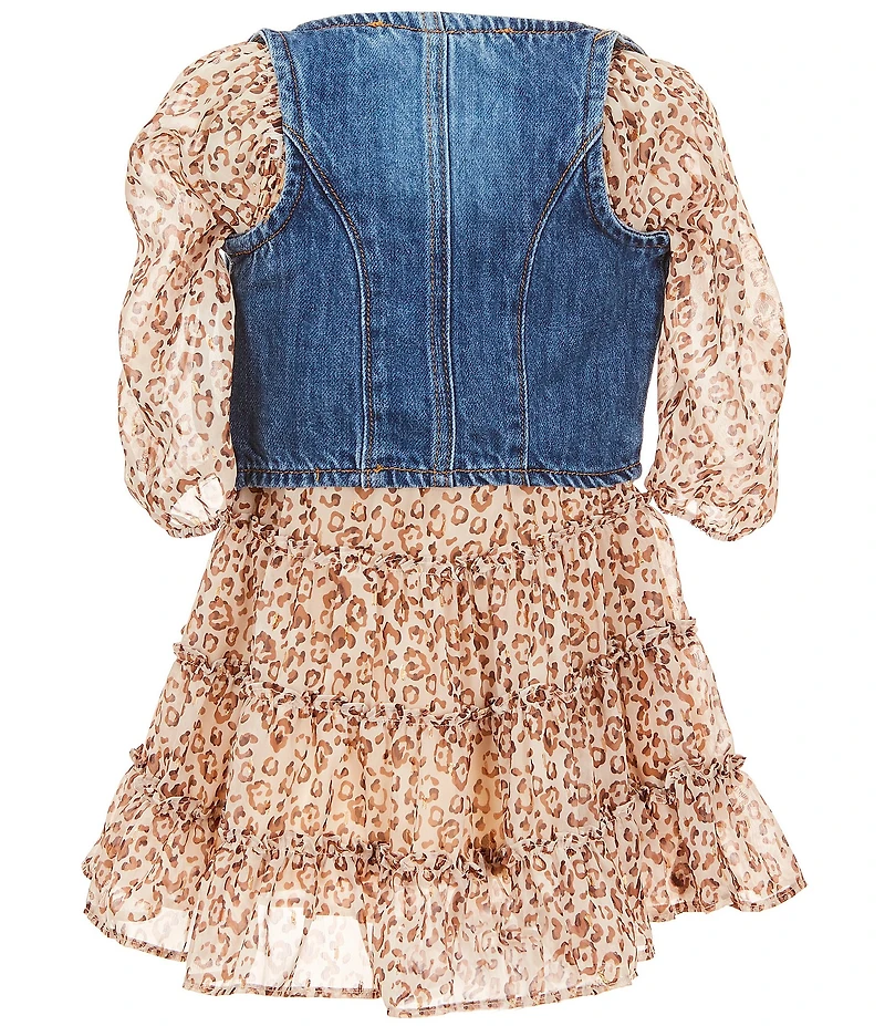 Rare Editions Little Girls Denim Vest & Animal-Printed Long Sleeve Lurex Chiffon Dress