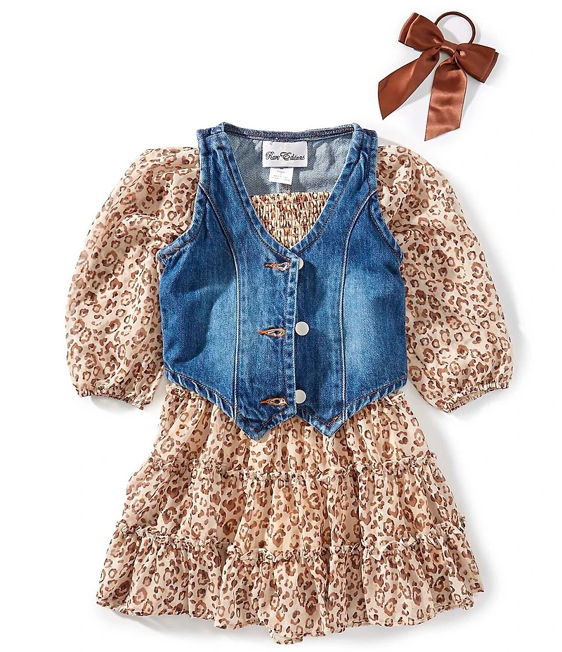 Rare Editions Little Girls Denim Vest & Animal-Printed Long Sleeve Lurex Chiffon Dress