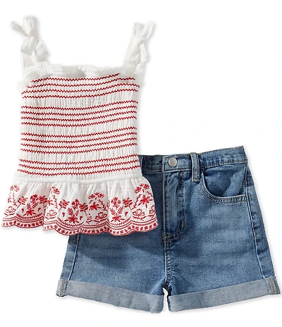 Rare Editions Little Girls Embroidered Smocked Tank Top & Denim Shorts Set