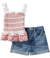 Rare Editions Little Girls Embroidered Smocked Tank Top & Denim Shorts Set