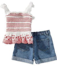 Rare Editions Little Girls Embroidered Smocked Tank Top & Denim Shorts Set