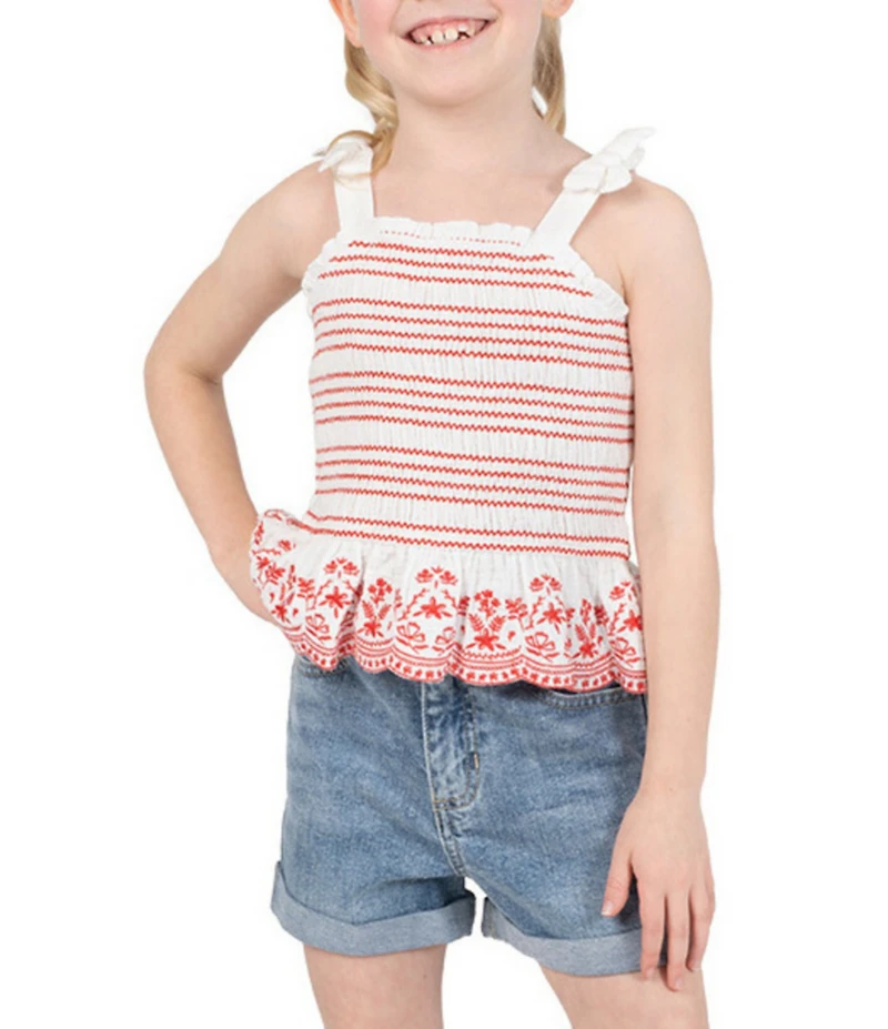 Rare Editions Little Girls Embroidered Smocked Tank Top & Denim Shorts Set
