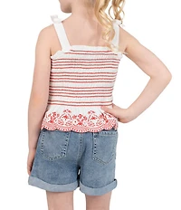 Rare Editions Little Girls Embroidered Smocked Tank Top & Denim Shorts Set