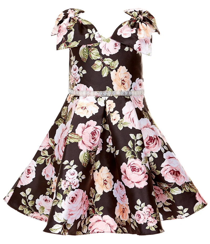 Rare Editions Little Girls Floral Print Bow-Accented-Shoulder Mikado Fit & Flare Dress