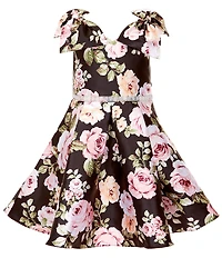 Rare Editions Little Girls Floral Print Bow-Accented-Shoulder Mikado Fit & Flare Dress
