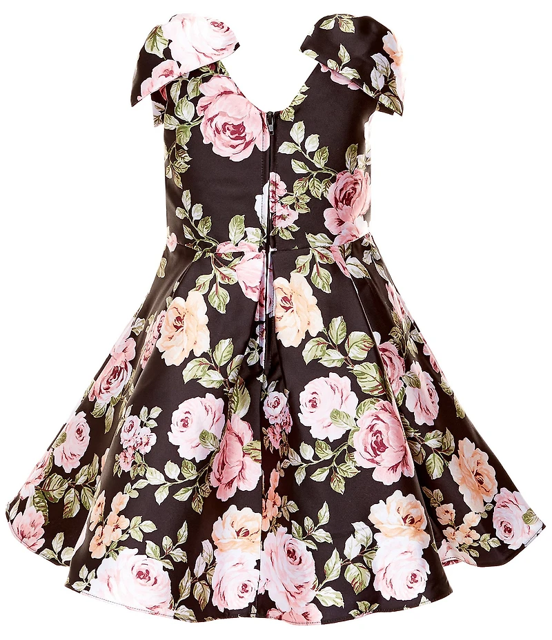 Rare Editions Little Girls Floral Print Bow-Accented-Shoulder Mikado Fit & Flare Dress