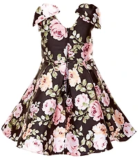 Rare Editions Little Girls Floral Print Bow-Accented-Shoulder Mikado Fit & Flare Dress