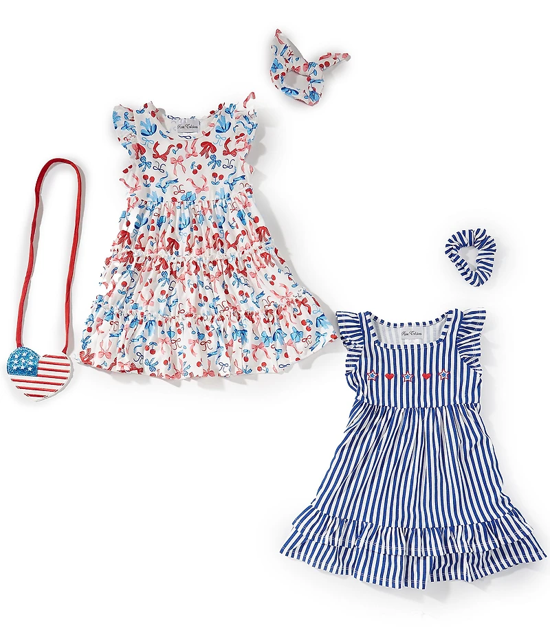 Rare Editions Little Girls Flutter-Sleeve Americana Bow/Cherry-Printed Dress & Flutter-Sleeve Americana Striped Dress Set