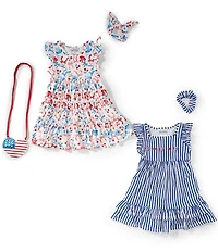 Rare Editions Little Girls Flutter-Sleeve Americana Bow/Cherry-Printed Dress & Flutter-Sleeve Americana Striped Dress Set