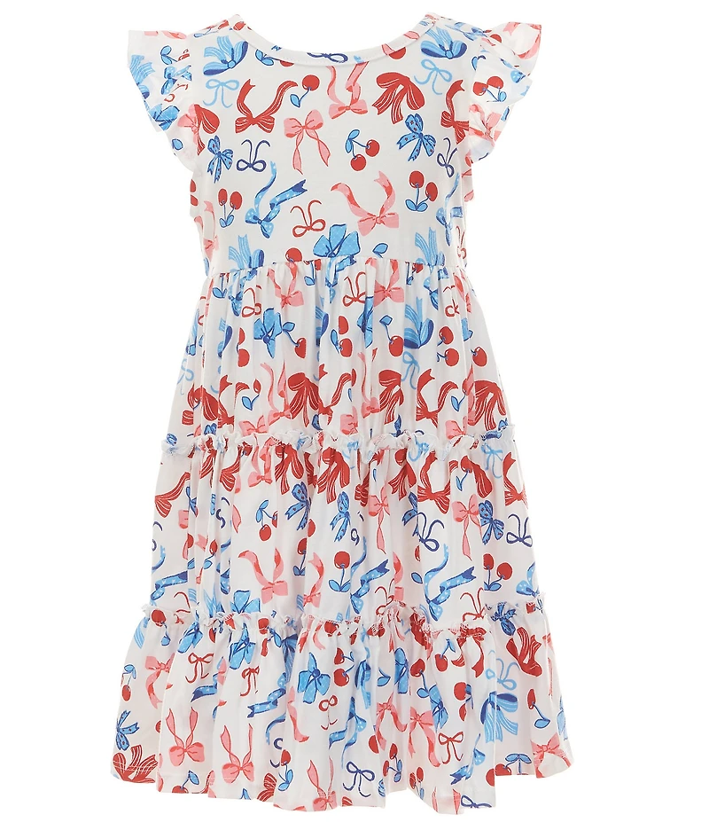 Rare Editions Little Girls Flutter-Sleeve Americana Bow/Cherry-Printed Dress & Flutter-Sleeve Americana Striped Dress Set