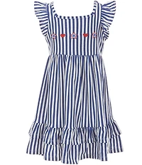 Rare Editions Little Girls Flutter-Sleeve Americana Bow/Cherry-Printed Dress & Flutter-Sleeve Americana Striped Dress Set