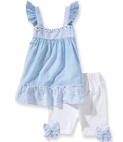 Rare Editions Little Girls Flutter Sleeve Clip Dot Striped Seersucker Tunic Top & Bow Accented Leggings Set