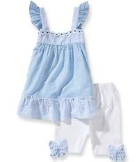 Rare Editions Little Girls Flutter Sleeve Clip Dot Striped Seersucker Tunic Top & Bow Accented Leggings Set