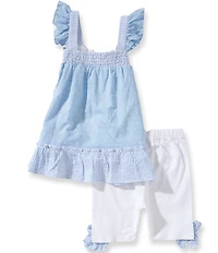 Rare Editions Little Girls Flutter Sleeve Clip Dot Striped Seersucker Tunic Top & Bow Accented Leggings Set