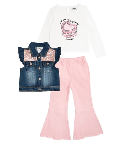 Rare Editions Little Girls Flutter-Sleeve Embellished Denim Vest, Long-Sleeve Cupcake-Motif T-Shirt & Flared-Leg Twill Pant Set