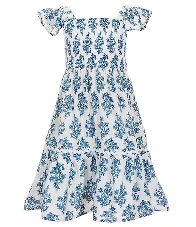 Rare Editions Little Girls Flutter Sleeve Floral Block Printed Ric-Rac Trimmed Dress