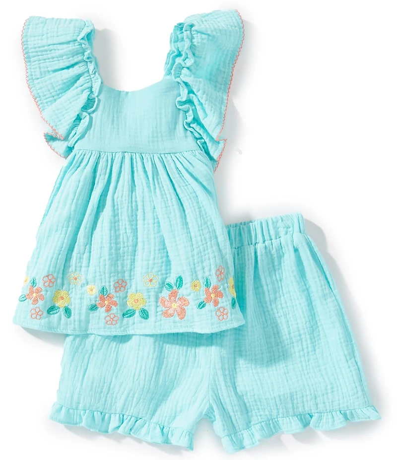 Rare Editions Little Girls Flutter-Sleeve Floral-Embroidered Top & Matching Shorts Set