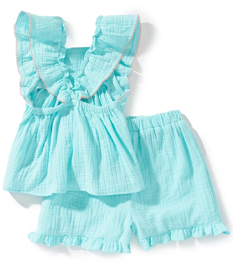 Rare Editions Little Girls Flutter-Sleeve Floral-Embroidered Top & Matching Shorts Set