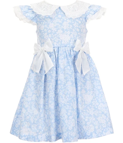 Rare Editions Little Girls Layered-Flutter-Sleeve Eyelet Peter Pan Collar Bow-Detail Floral-Printed Fit-And-Flare Dress