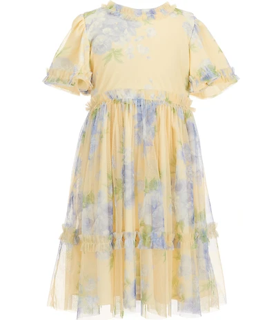 Rare Editions Little Girls Short-Sleeve Mock-Neck Floral-Printed-Mesh Fit-And-Flare Tiered Dress